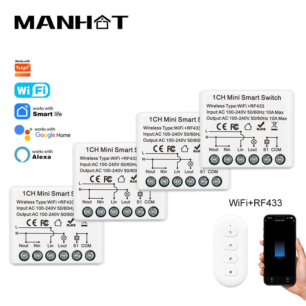 Smart Light Switch Wifi - 10A มินิ WIFI สมาร์ทสวิตช์ RF433Mhz รีโมทคอนโทรลไร้สายรีเลย์ไฟเบรกเกอร์ควบคุมด้วยเสียงระบบอัตโนมัติในบ้านทำงานทูย่า