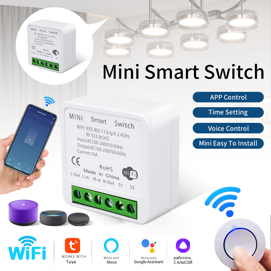 Smart Light Switch Wifi - RF433Mhz 16A/20A ทูย่า ไวไฟสมาร์ทสวิตช์รีเลย์ไร้สาย 100-240V มินิสวิตช์แผงกลม